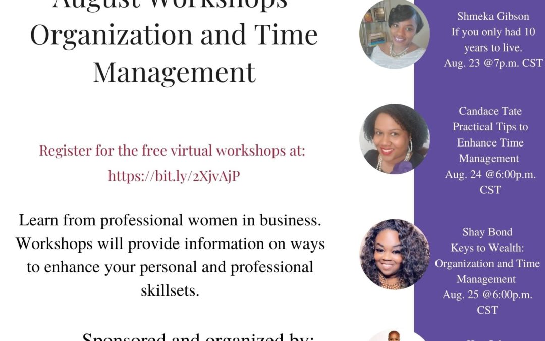 August Workshops featuring Organization and Time Management